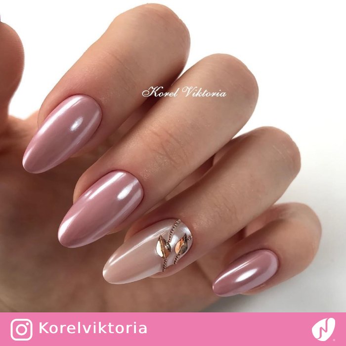 Glossy Pink Nails with Leafs